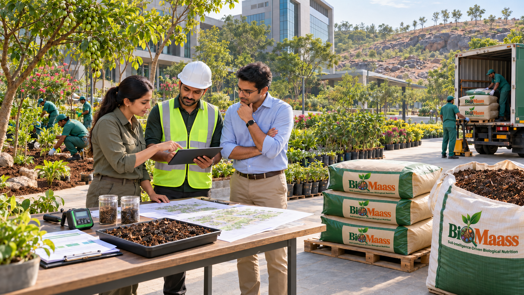 A project team reviewing site plans and soil samples beside stacked BioMaass bags being delivered to a landscaped campus