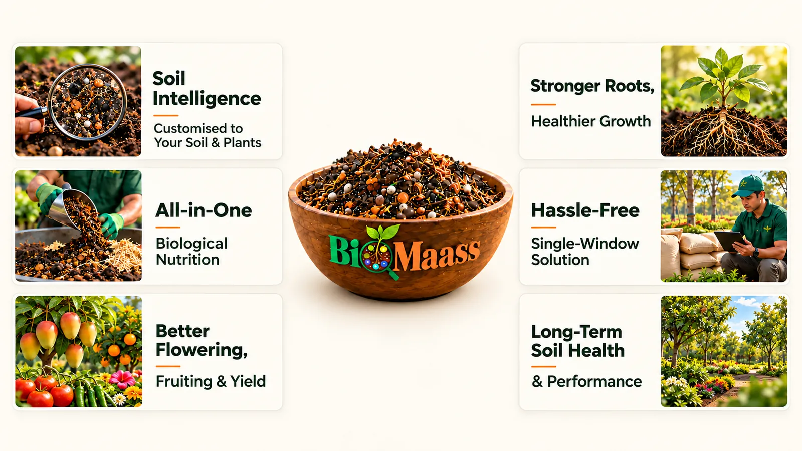 BioMaass benefits: soil intelligence, all-in-one biological nutrition, better flowering, fruiting and yield, stronger roots, hassle-free single-window solution, long-term soil health and performance