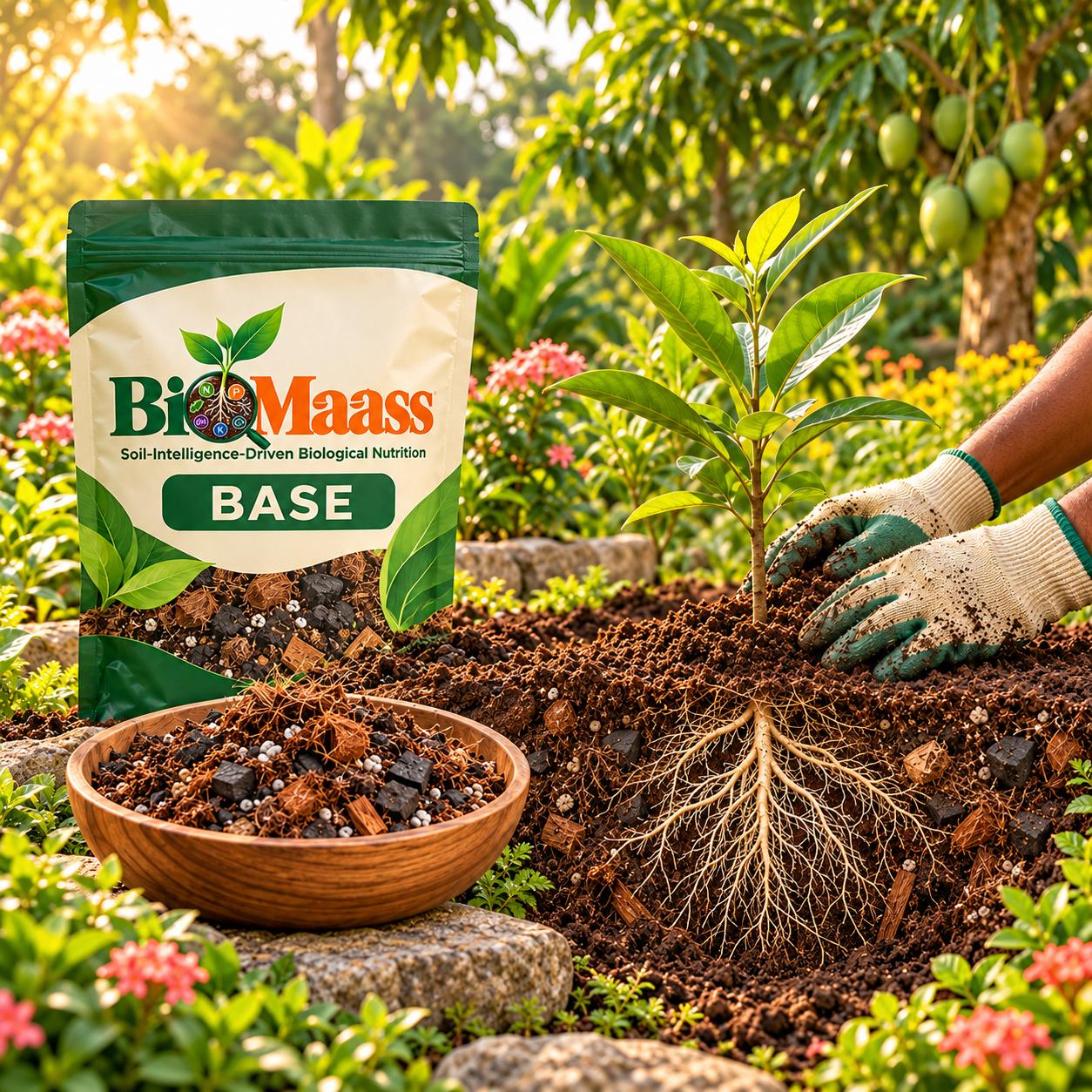 BioMaass Base pack beside a bowl of the blend and a sapling planted in root-rich soil