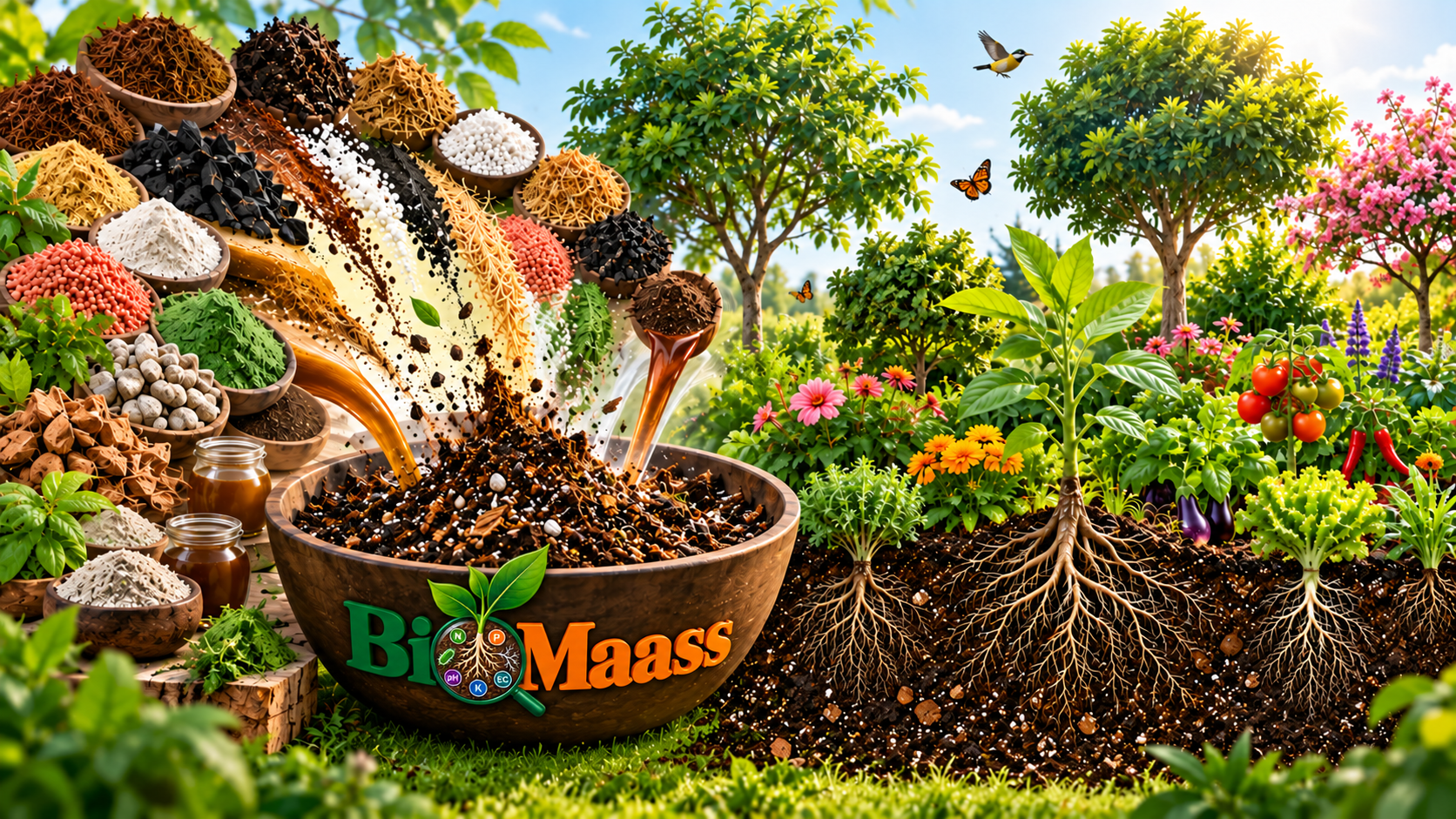 Organic matter, minerals and biology blended into a BioMaass bowl, feeding a thriving garden with deep healthy roots