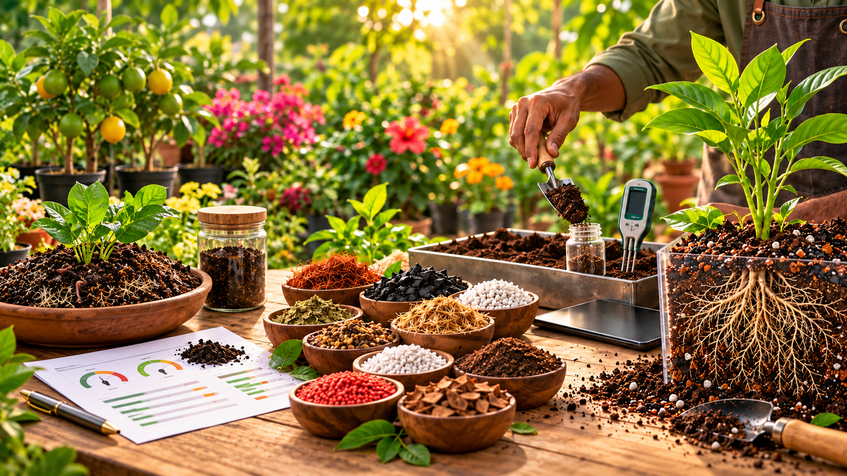 Soil being tested and analysed beside bowls of organic inputs and a soil report