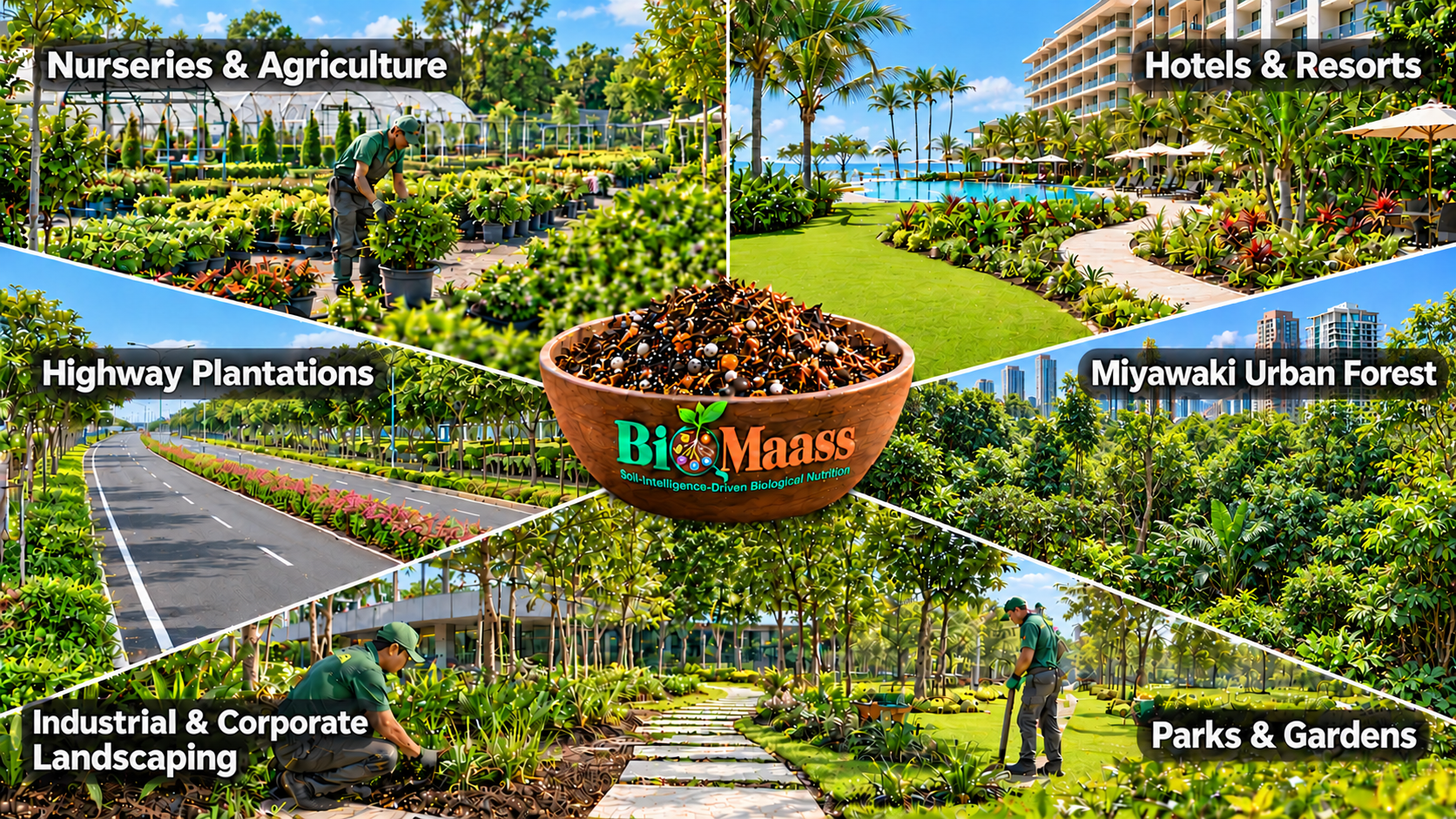 BioMaass across nurseries, hotels, highway plantations, Miyawaki urban forests, corporate landscaping, parks and gardens