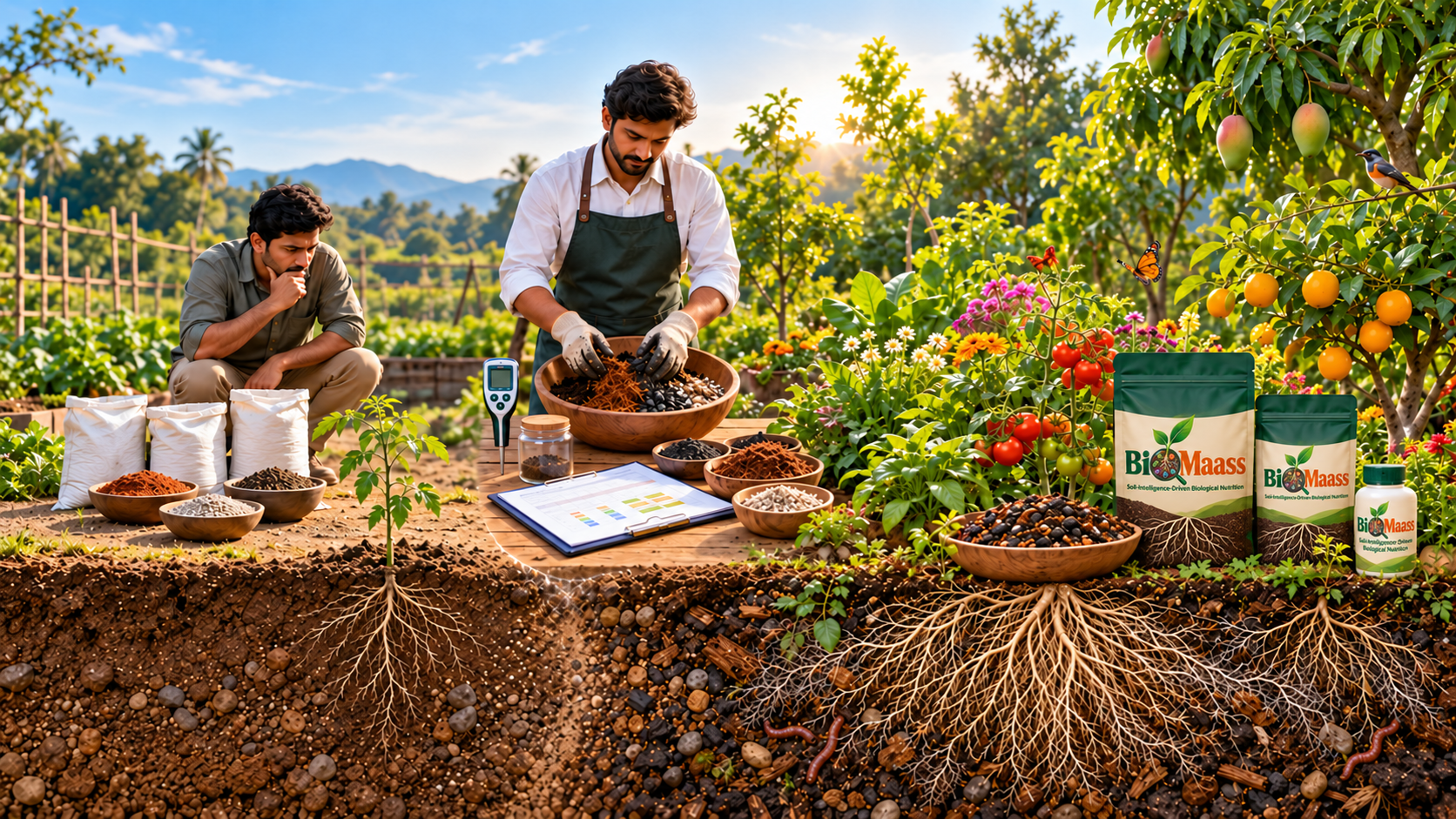 Soil experts preparing a custom blend next to BioMaass packs, with poor soil turning into rich, root-filled soil